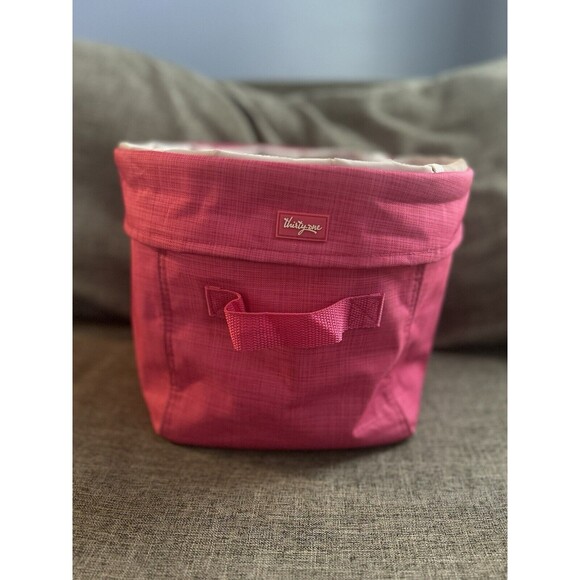Thirty One Round Pop Up Bin Organizer In Pink Crosshatch 9.5x7.5 Inches - Picture 1 of 7